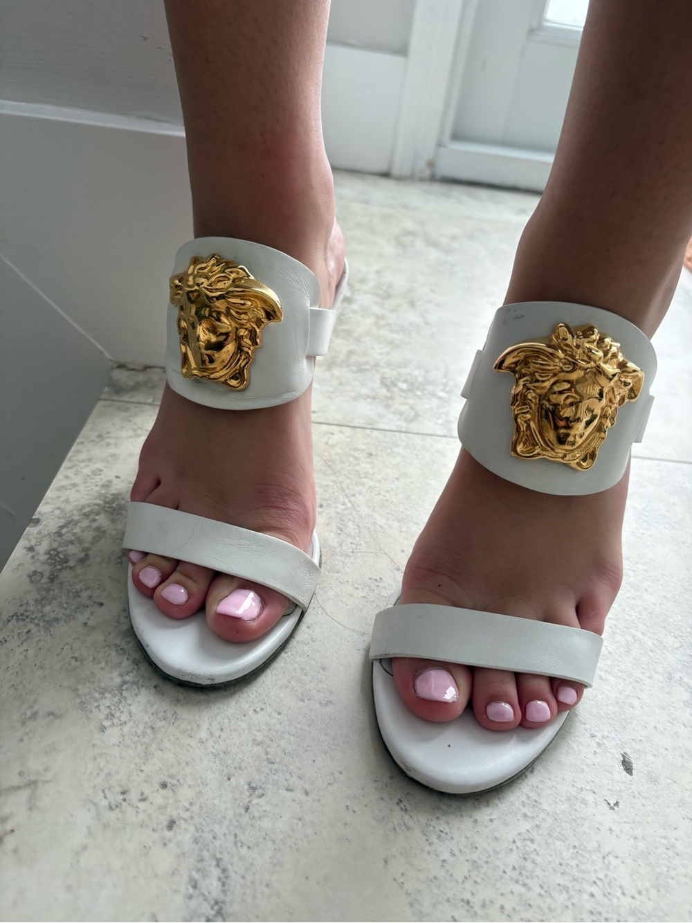 Versace White Slide Sandals with Gold Medusa Emblem